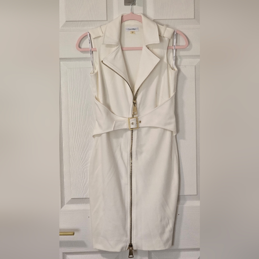 Calvin Klein White Belted Moto Dress Size: 2
